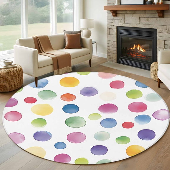 Round Rugs 5Ft, Boho Polka Dots Round Area Rug Washable Indoor Throw Carpet, Ombre Purple Blue Pink Green Watercolor Soft Non Slip Circle Rug for Cabinet Bathroom Home Decor Aesthetic