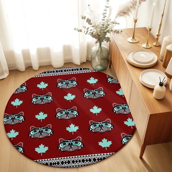 Round Rugs 5Ft, Boho Southwest Round Area Rug Washable Indoor Throw Carpet, Red Native Bear Maple Leaf Geometric Soft Non Slip Circle Rug for Cabinet Bathroom Home Decor Aesthetic