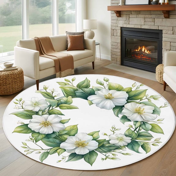 Round Rugs 5Ft, Botanical Sage Green Round Area Rug Washable Indoor Throw Carpet, Garden Florals Spring Soft Non Slip Circle Rug for Cabinet Bathroom Home Decor Aesthetic