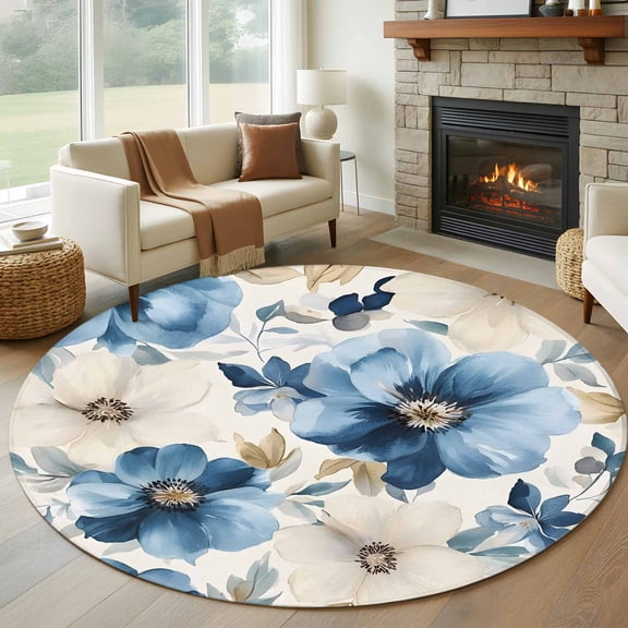 Round Rugs 5Ft, Botanicals Flower Round Area Rug Washable Indoor Throw Carpet, Watercolor Blue Plant Eucalyptus Soft Non Slip Circle Rug for Cabinet Bathroom Home Decor Aesthetic