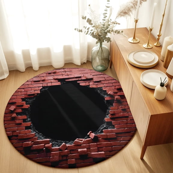 Round Rugs 5Ft, Brick Wall Round Area Rug Washable Indoor Throw Carpet, Brick Red Ruined Industrial Art Soft Non Slip Circle Rug for Cabinet Bathroom Home Decor Aesthetic