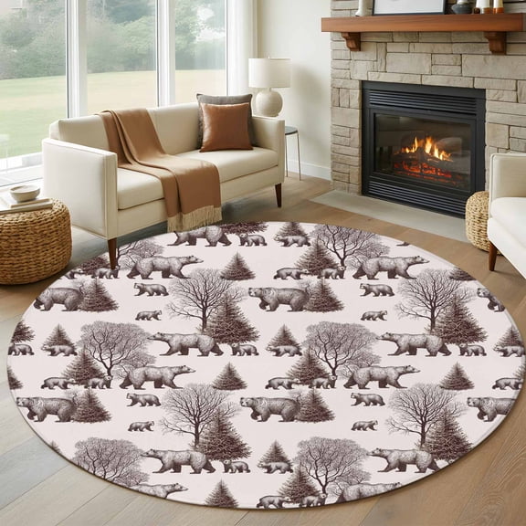 Round Rugs 5Ft, Brown Bear Round Area Rug Washable Indoor Throw Carpet, Hunting Bear Forest Wildlife Animals Vintage Soft Non Slip Circle Rug for Cabinet Bathroom Home Decor Aesthetic