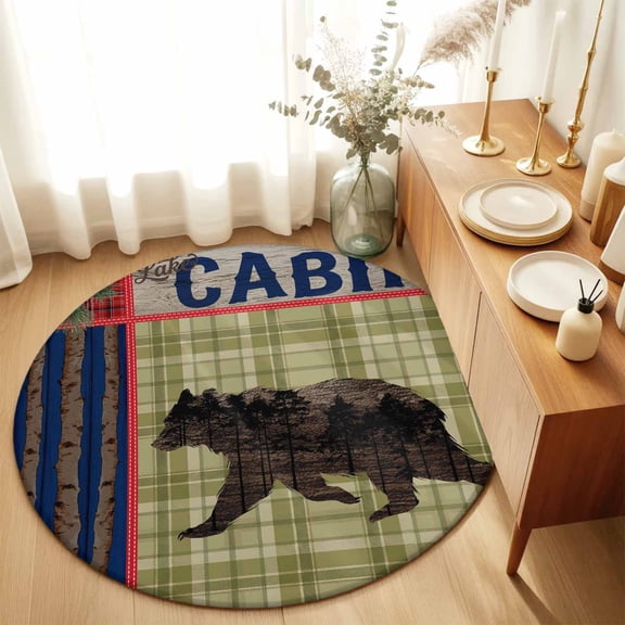 Round Rugs 5Ft, Brown Bear Round Area Rug Washable Indoor Throw Carpet, Sage Green Striped Pine Cones Farmhouse Art Soft Non Slip Circle Rug for Cabinet Bathroom Home Decor Aesthetic