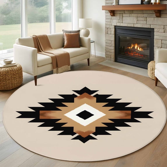 Round Rugs 5Ft, Brown Black Southwestern Round Area Rug Washable Indoor Throw Carpet, Geometric Ethnic Boho Soft Non Slip Circle Rug for Cabinet Bathroom Home Decor Aesthetic