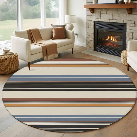 Round Rugs 5Ft, Brown Blue Striped Round Area Rug Washable Indoor Throw Carpet, Farmhouse Vintage Stripe Soft Non Slip Circle Rug for Cabinet Bathroom Home Decor Aesthetic