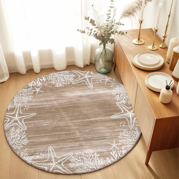 Round Rugs 5Ft, Brown Coastal Round Area Rug Washable Indoor Throw Carpet, Summer Ocean Sea Ombre Starfish Corals Soft Non Slip Circle Rug for Cabinet Bathroom Home Decor Aesthetic