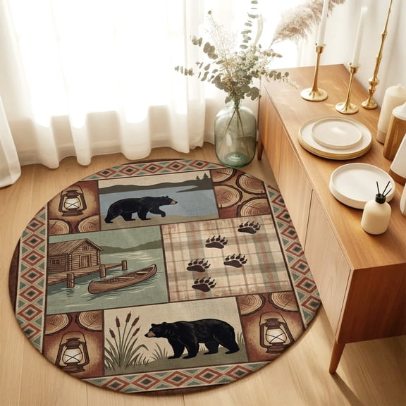 Round Rugs 5Ft, Brown Ethnic Round Area Rug Washable Indoor Throw Carpet, Black Bear Paw Farmhouse Cabin Canoe Retro Plaid Soft Non Slip Circle Rug for Cabinet Bathroom Home Decor Aesthetic