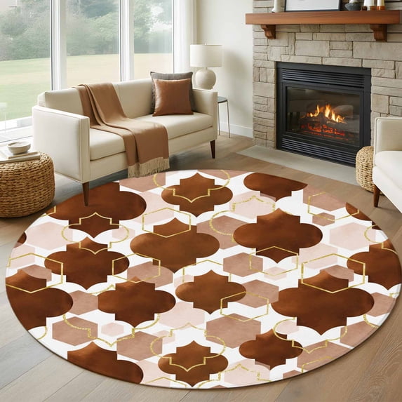 Round Rugs 5Ft, Brown Geometric Moroccan Round Area Rug Washable Indoor Throw Carpet, Abstract Art Coffee Ombre Modern Soft Non Slip Circle Rug for Cabinet Bathroom Home Decor Aesthetic