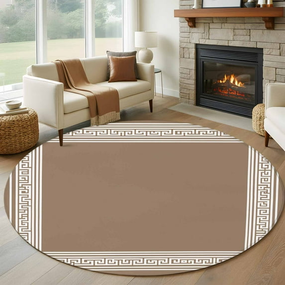 Round Rugs 5Ft, Brown Geometric Round Area Rug Washable Indoor Throw Carpet, Vintage Greece Key Soft Non Slip Circle Rug for Cabinet Bathroom Home Decor Aesthetic