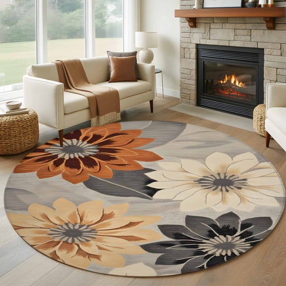 Round Rugs 5Ft, Burnt Orange Grey Black Flower Round Area Rug Washable Indoor Throw Carpet, Spring Floral Botanical Soft Non Slip Circle Rug for Cabinet Bathroom Home Decor Aesthetic