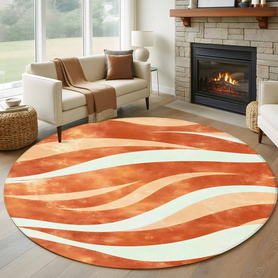 Round Rugs 5Ft, Burnt Orange Waves Round Area Rug Washable Indoor Throw Carpet, Ombre Sea Ripples Shabby Beach Soft Non Slip Circle Rug for Cabinet Bathroom Home Decor Aesthetic
