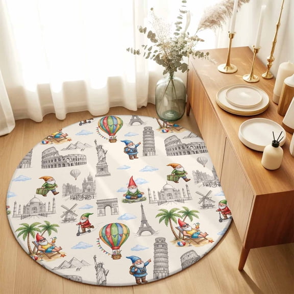 Round Rugs 5Ft, Cartoon Gnomes Round Area Rug Washable Indoor Throw Carpet, Bisaya Tower Eiffel Tower Scenic Spot Soft Non Slip Circle Rug for Cabinet Bathroom Home Decor Aesthetic
