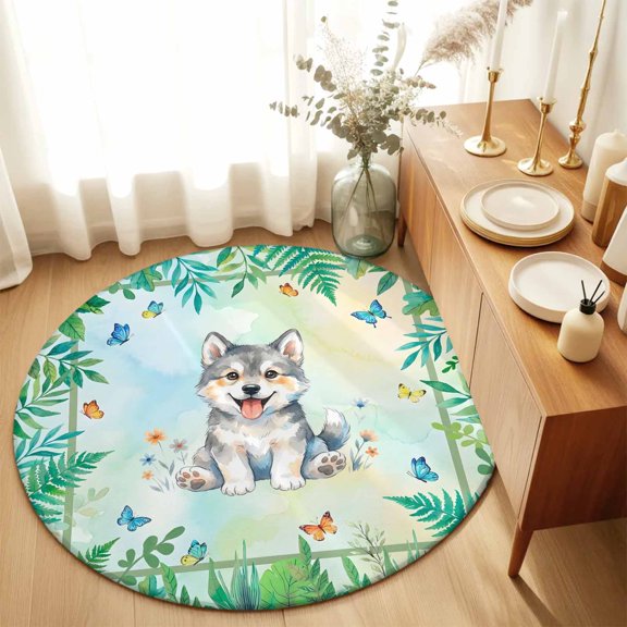 Round Rugs 5Ft, Cartoon Wolf Round Area Rug Washable Indoor Throw Carpet, Summer Butterfly Flowers Tropical Palm Plants Soft Non Slip Circle Rug for Cabinet Bathroom Home Decor Aesthetic