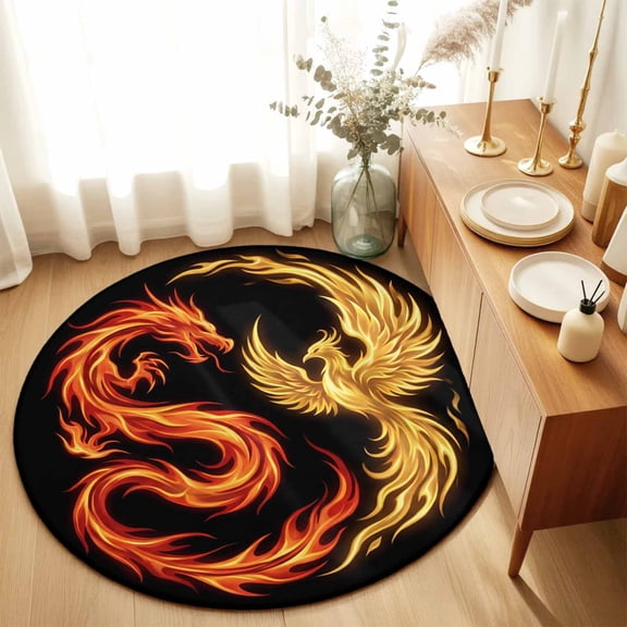 Round Rugs 5Ft, Chinese Style Round Area Rug Washable Indoor Throw Carpet, Dragon Phoenix Gradient Fire Aesthetic Soft Non Slip Circle Rug for Cabinet Bathroom Home Decor Aesthetic