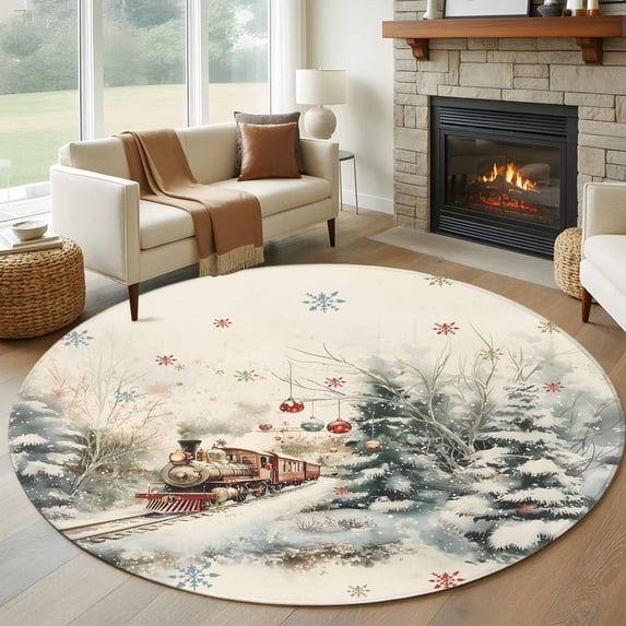 Round Rugs 5Ft, Christmas Round Area Rug Washable Indoor Throw Carpet, Train Xmas Tree Snowflake Balls Soft Non Slip Circle Rug for Cabinet Bathroom Home Decor Aesthetic