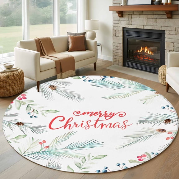 Round Rugs 5Ft, Christmas Round Area Rug Washable Indoor Throw Carpet, Xmas Botanical Snowflake Pine Cones Soft Non Slip Circle Rug for Cabinet Bathroom Home Decor Aesthetic
