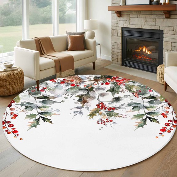 Round Rugs 5Ft, Christmas Round Area Rug Washable Indoor Throw Carpet, Xmas Tree Botanical Red Berry Pinecone Soft Non Slip Circle Rug for Cabinet Bathroom Home Decor Aesthetic