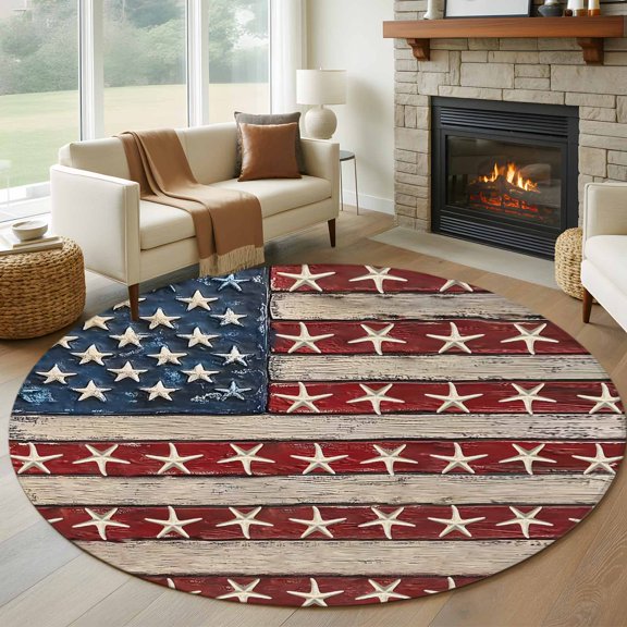 Round Rugs 5Ft, Coastal American Flag Round Area Rug Washable Indoor Throw Carpet, Starfish Vintage USA Flag Soft Non Slip Circle Rug for Cabinet Bathroom Home Decor Aesthetic