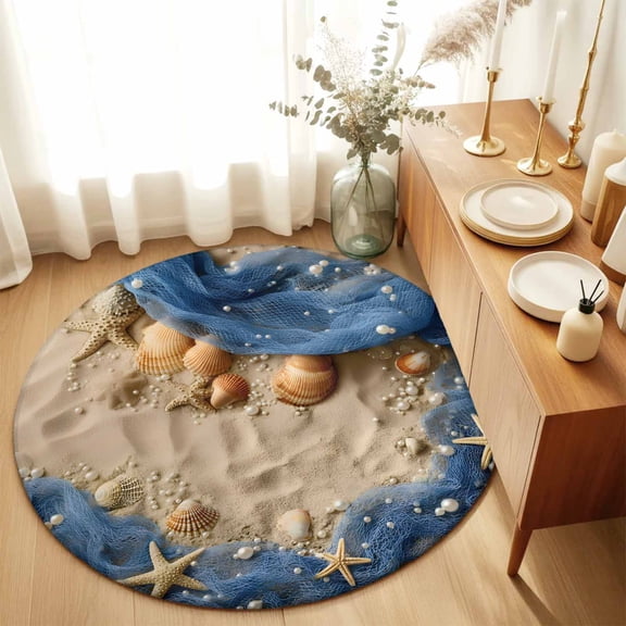 Round Rugs 5Ft, Coastal Beach Round Area Rug Washable Indoor Throw Carpet, Summer Nautical Blue Fishing Net Conch Soft Non Slip Circle Rug for Cabinet Bathroom Home Decor Aesthetic