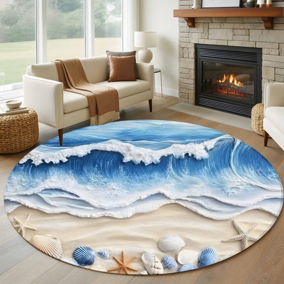 Round Rugs 5Ft, Coastal Blue Round Area Rug Washable Indoor Throw Carpet, Starfish Beach Ocean Shell Sand Painting Soft Non Slip Circle Rug for Cabinet Bathroom Home Decor Aesthetic