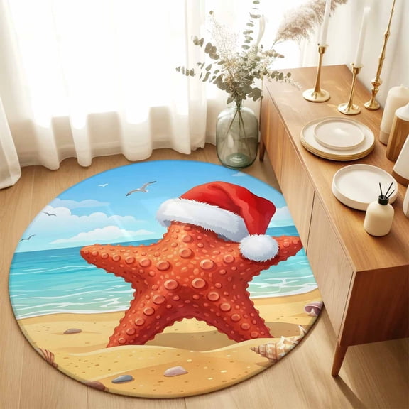 Round Rugs 5Ft, Coastal Christmas Round Area Rug Washable Indoor Throw Carpet, Winter Beach Ocean Waves Starfish Soft Non Slip Circle Rug for Cabinet Bathroom Home Decor Aesthetic