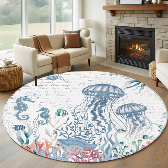 Round Rugs 5Ft, Coastal Jellyfish Round Area Rug Washable Indoor Throw Carpet, Summer Beach Nautical Ocean Coral Seahorse Soft Non Slip Circle Rug for Cabinet Bathroom Home Decor Aesthetic