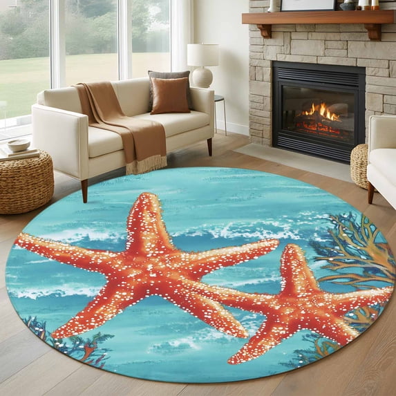 Round Rugs 5Ft, Coastal Starfish Round Area Rug Washable Indoor Throw Carpet, Teal Summer Beach Ocean Coral Soft Non Slip Circle Rug for Cabinet Bathroom Home Decor Aesthetic