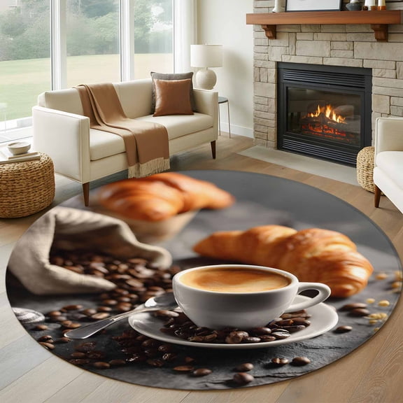 Round Rugs 5Ft, Coffee Beans Round Area Rug Washable Indoor Throw Carpet, Hot Latte Cup Bread Rustic Cafe Time Soft Non Slip Circle Rug for Cabinet Bathroom Home Decor Aesthetic