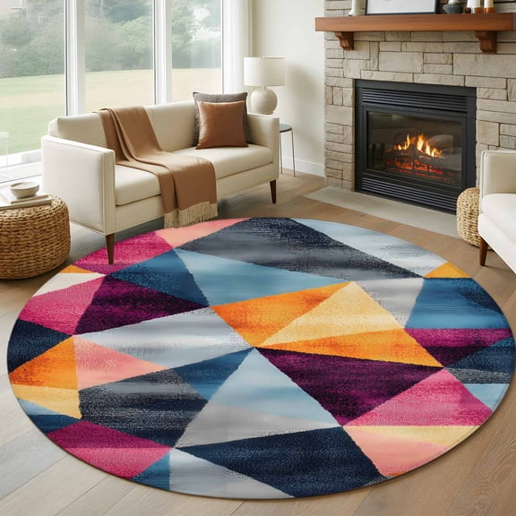 Round Rugs 5Ft, Colorful Geometric Round Area Rug Washable Indoor Throw Carpet, Rhombus Abstract Impressionist Soft Non Slip Circle Rug for Cabinet Bathroom Home Decor Aesthetic