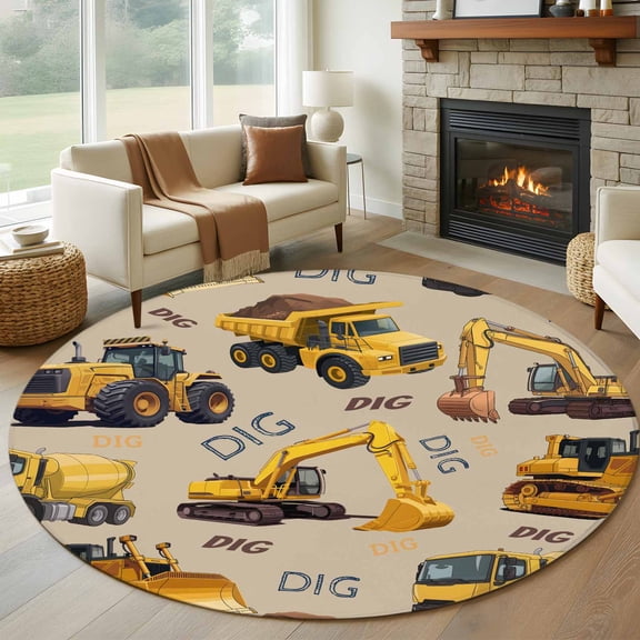 Round Rugs 5Ft, Construction Truck Round Area Rug Washable Indoor Throw Carpet, Cartoon Grips and Bulldozers Beige Soft Non Slip Circle Rug for Cabinet Bathroom Home Decor Aesthetic