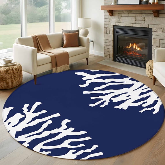 Round Rugs 5Ft, Coral Navy Blue Round Area Rug Washable Indoor Throw Carpet, Coastal Ocean Marine Nautical Beach Soft Non Slip Circle Rug for Cabinet Bathroom Home Decor Aesthetic
