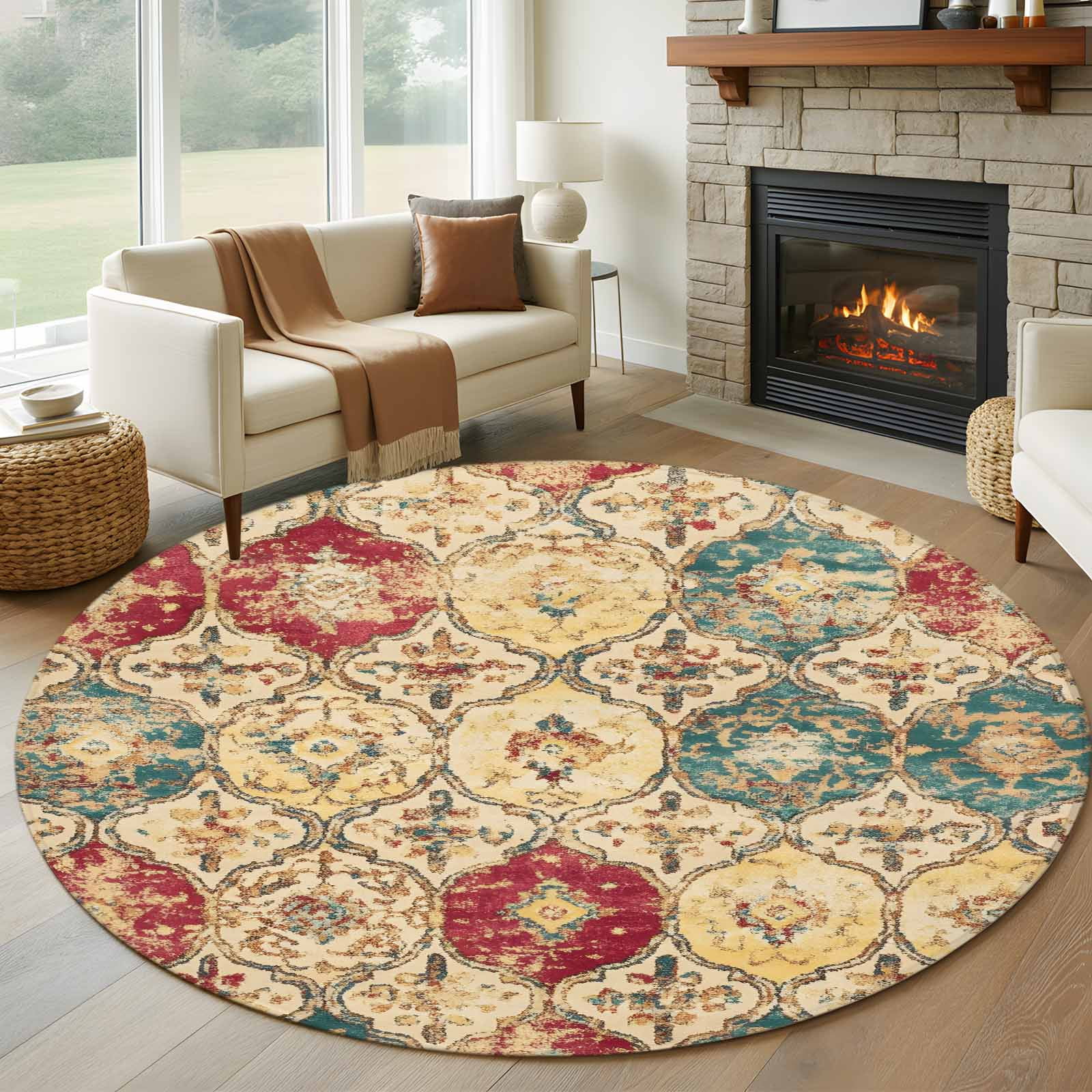 Round Rugs 5Ft, Country Morocco Round Area Rug Washable Indoor Throw ...