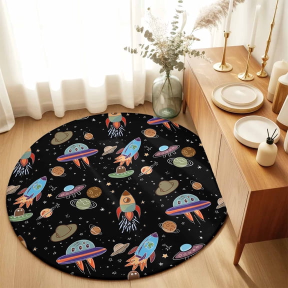 Round Rugs 5Ft, Cute Black Space Round Area Rug Washable Indoor Throw Carpet, Star Cartoon Spaceship Planet Soft Non Slip Circle Rug for Cabinet Bathroom Home Decor Aesthetic