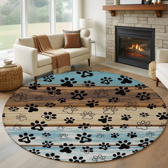 Round Rugs 5Ft, Cute Dog Claws Round Area Rug Washable Indoor Throw Carpet, Farmhouse Blue Wooden Puppy Pawprints Soft Non Slip Circle Rug for Cabinet Bathroom Home Decor Aesthetic