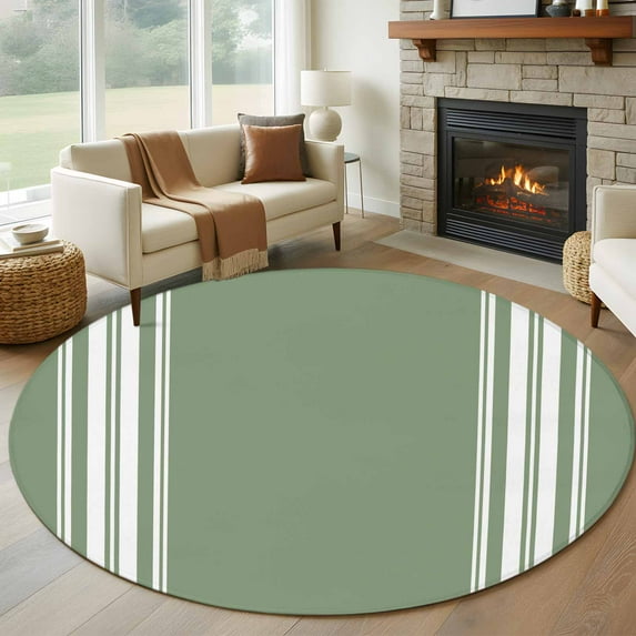 Round Rugs 5Ft, Dark Sage Green Round Area Rug Washable Indoor Throw Carpet, Farmhouse Sage Green White Striped Soft Non Slip Circle Rug for Cabinet Bathroom Home Decor Aesthetic