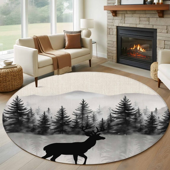 Round Rugs 5Ft, Deer Forest Round Area Rug Washable Indoor Throw Carpet, Farmhouse Vintage Nature Trees Mountain Soft Non Slip Circle Rug for Cabinet Bathroom Home Decor Aesthetic