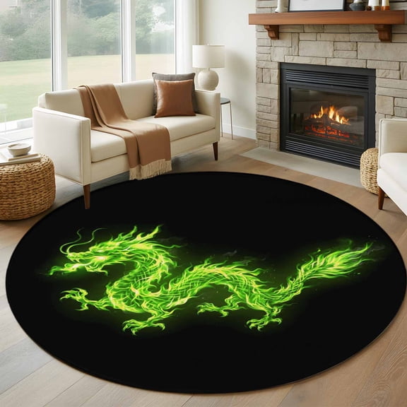 Round Rugs 5Ft, Dragon Flames Round Area Rug Washable Indoor Throw Carpet, Green Dragons Abstract Modern Art Soft Non Slip Circle Rug for Cabinet Bathroom Home Decor Aesthetic