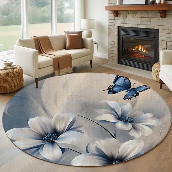 Round Rugs 5Ft, Elegant Floral Round Area Rug Washable Indoor Throw Carpet, Modern Blue Butterfly Flowers Burlap Soft Non Slip Circle Rug for Cabinet Bathroom Home Decor Aesthetic