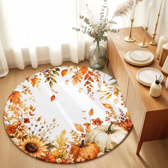 Round Rugs 5Ft, Fall Thanksgiving Round Area Rug Washable Indoor Throw Carpet, Eucalyptus Leaves Floral Botanical Soft Non Slip Circle Rug for Cabinet Bathroom Home Decor Aesthetic