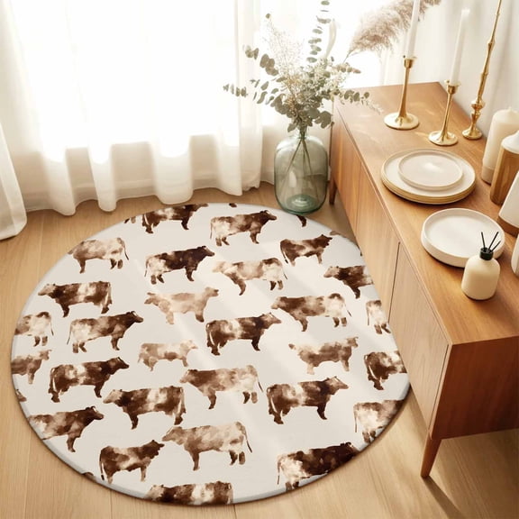 Round Rugs 5Ft, Farmhouse Cow Vintage Round Area Rug Washable Indoor Throw Carpet, Beige Animals Prints Soft Non Slip Circle Rug for Cabinet Bathroom Home Decor Aesthetic