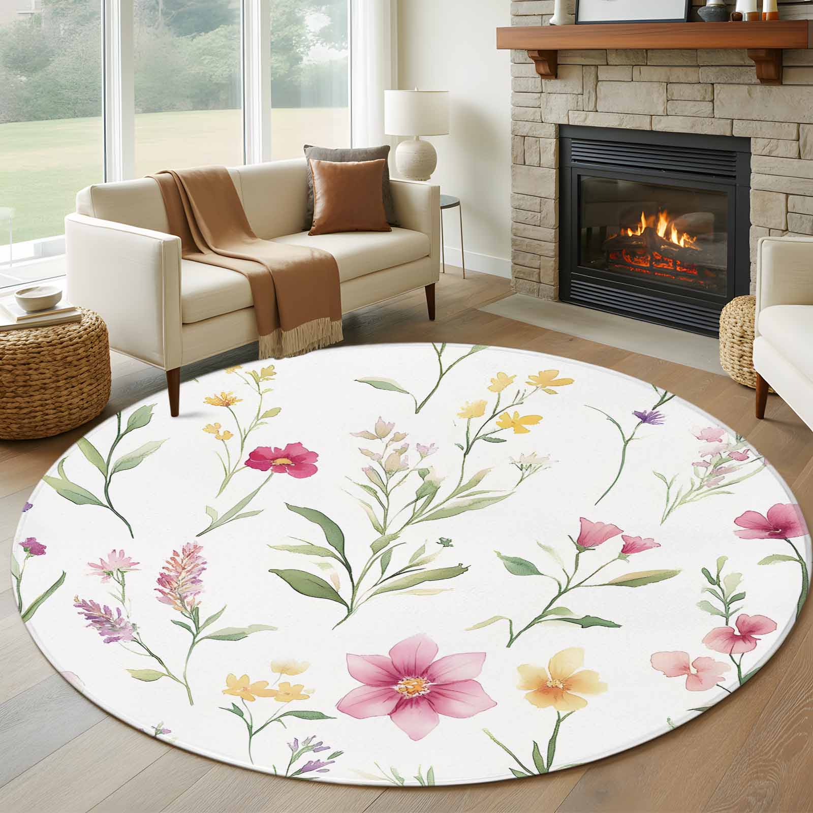 Round Rugs 5Ft, Farmhouse Floral Round Area Rug Washable Indoor Throw ...