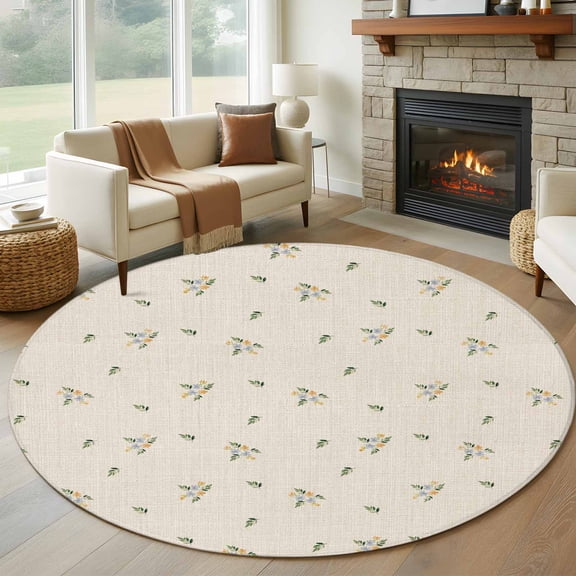 Round Rugs 5Ft, Farmhouse Flowers Round Area Rug Washable Indoor Throw Carpet, Pastoral Botanical Burlap Soft Non Slip Circle Rug for Cabinet Bathroom Home Decor Aesthetic
