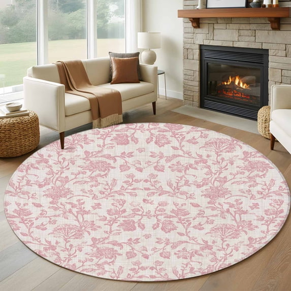 Round Rugs 5Ft, Farmhouse Pink Round Area Rug Washable Indoor Throw Carpet, Vintage Flower Leaf Botanical Plant Soft Non Slip Circle Rug for Cabinet Bathroom Home Decor Aesthetic
