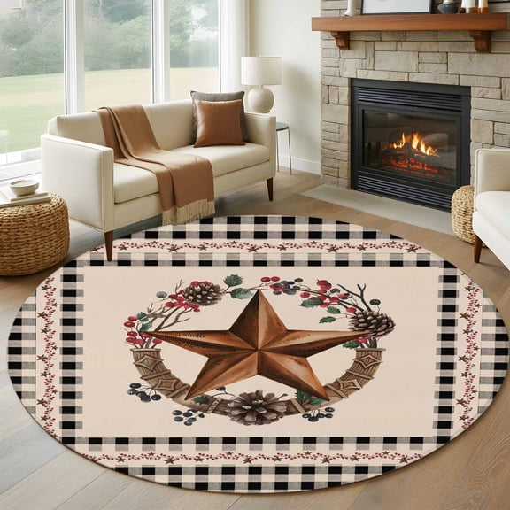 Round Rugs 5Ft, Farmhouse Round Area Rug Washable Indoor Throw Carpet, Country Star Berry Plaid Lodge Grey Brown Soft Non Slip Circle Rug for Cabinet Bathroom Home Decor Aesthetic