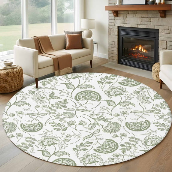 Round Rugs 5Ft, Farmhouse Spring Round Area Rug Washable Indoor Throw Carpet, Sage Green Fruit Plant Leaf Flower Soft Non Slip Circle Rug for Cabinet Bathroom Home Decor Aesthetic