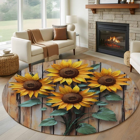 Round Rugs 5Ft, Farmhouse Sunflower Round Area Rug Washable Indoor Throw Carpet, Vintage Wooden Botanical Flowers Soft Non Slip Circle Rug for Cabinet Bathroom Home Decor Aesthetic
