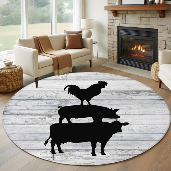 Round Rugs 5Ft, Farmhouse Wooden Grain Round Area Rug Washable Indoor Throw Carpet, Vintage Country Cow Pig Chicken Grey Soft Non Slip Circle Rug for Cabinet Bathroom Home Decor Aesthetic