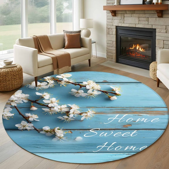 Round Rugs 5Ft, Farmhouse Wooden Grain Round Area Rug Washable Indoor Throw Carpet, Vintage Shabby Chic Flower Blue Soft Non Slip Circle Rug for Cabinet Bathroom Home Decor Aesthetic