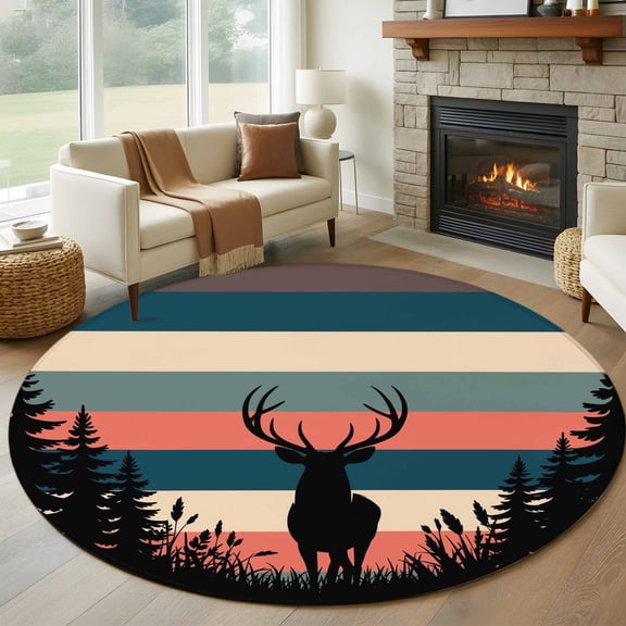 Round Rugs 5Ft, Forest Elk Round Area Rug Washable Indoor Throw Carpet, Multicolors Geometric Stripes Plant Tree Soft Non Slip Circle Rug for Cabinet Bathroom Home Decor Aesthetic
