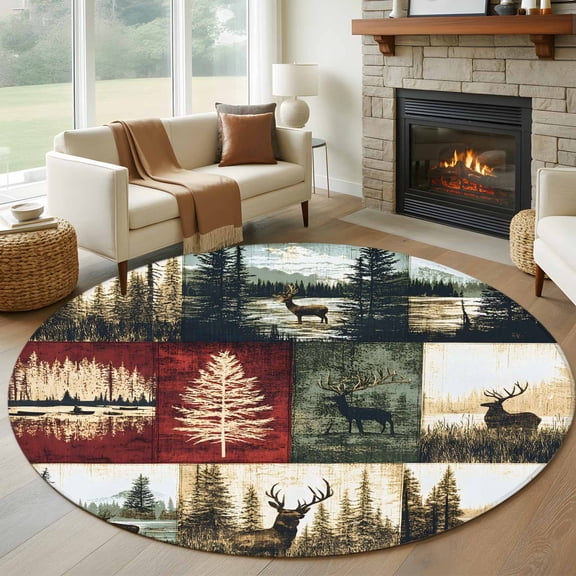 Round Rugs 5Ft, Forest Reindeer Round Area Rug Washable Indoor Throw Carpet, Country Rustic Green Red Patchwork Soft Non Slip Circle Rug for Cabinet Bathroom Home Decor Aesthetic